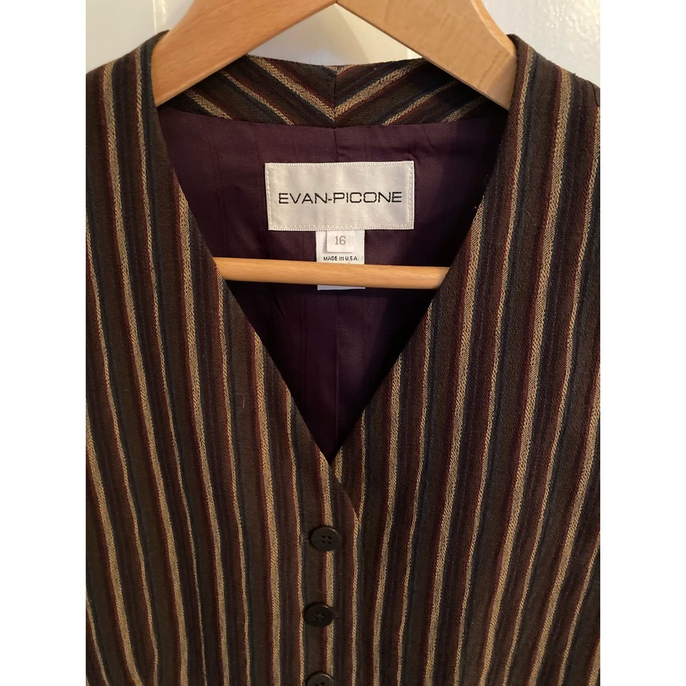 Vintage Evan Picone Vest Beige Burgundy Green Brown Stripes, Women's 16, XXL